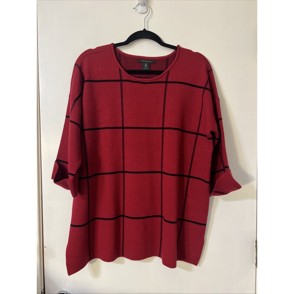 Tahari Womens 1X‎ Red Black Windown Pane Grid Cuff Rolled Sleeve Sweater